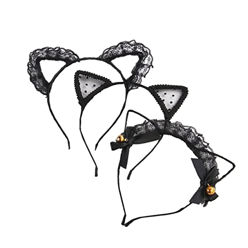 DEARMAMY 3 Stück Katzenohren Haarreif Teiliges Damen Accessoire für Partys und Tägliche Dekoration Lace Cat Ear Headbands mit Glöckchen und Netz für Kostümpartys und Fotoshootings von DEARMAMY