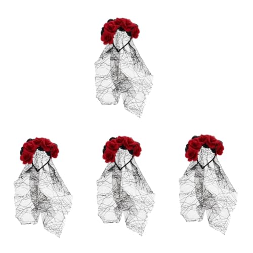 DEARMAMY 3St Rosenschleier Stirnband mit Blumenkrone Schädel-Halloween-Stirnband halloween haarschmuck halloween kopfschmuck Cosplay Stirnband Requisite Haarbänder für Erwachsene Black von DEARMAMY