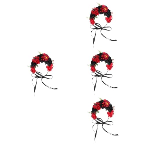 DEARMAMY 4 Stck. Schwarzes Blumenkranz Haarband Verstellbar mit Schleife Halloween Cosplay Haarschmuck für Damen und Mädchen Komfortabler Hochwertiger Kunststoff Party und Karneval von DEARMAMY