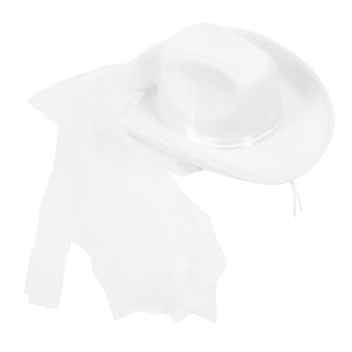 DEARMAMY Cowgirl Hut Schleier Weiß Satin Western Damen Hut Verstellbar Party Dress up Cosplay Zubehör von DEARMAMY