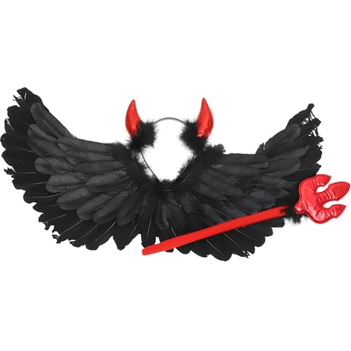 DEARMAMY Engelsfederflügel Horn Skelett Schlag Zubehör Plüsch halloween haarschmuck halloween kopfschmuck Halloween-Party-Requisite Dokumentenorganisator Ordner Zauberstab Plastik Black von DEARMAMY