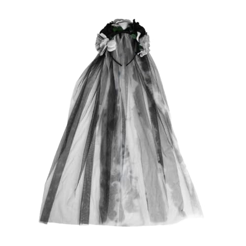 DEARMAMY Halloween Blumen Haarreif mit Schleier Kunstrosen Kopfschmuck für Erwachsene für Kostümparty und Gruselige Anlässe von DEARMAMY