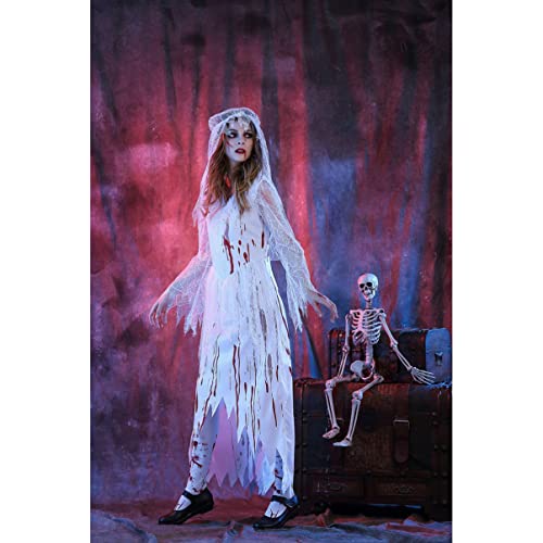 DEARMAMY Halloween Geisterbraut Kostüm Für Frauen Langes Kleid Mit Schleier Weiß Für Halloween Karneval Und Cosplay Partys von DEARMAMY