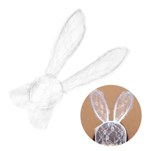 DEARMAMY Lace Hasenohren Haarreif mit Schleier Leichtes Party kopfschmuck für Frauen Rutschfestes Originelles Hasenohren headwear für Karneval Cosplay und Tanzveranstaltungen in Weiß von DEARMAMY