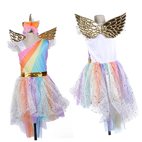 DEARMAMY Mädchen Einhorn Kostüm Für Weihnachten Und Halloween Buntes Einhornkleid Xl Mit Kopfbedeckung Und Flügeln Für Kinderpartys Und Karneval Einhorn Kostüme von DEARMAMY