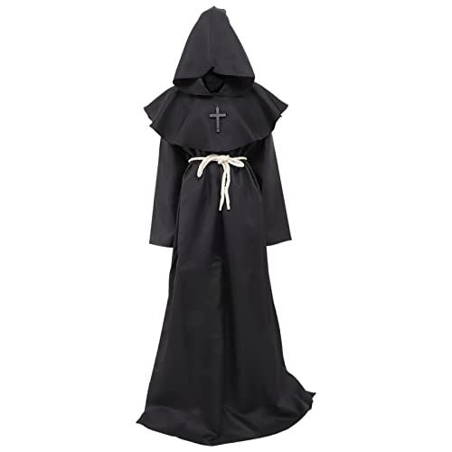 DEARMAMY Für Karneval Cosplay Schwarzes Gewand Mittelalterliche Önchskutte Mit Kapuze Halloween Kostü Für Änner Renaissance Priester Robe Cosplay Outfit Für Karneval Und Kostümpartys Größe von DEARMAMY