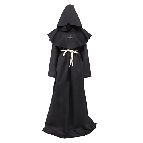 DEARMAMY Mittelalterlicher Kapuzenmönch Umhang Robe Für Männer Renaissance Priester Kostüm Für Halloween Und Cosplay Schwarzer Mönchs Umhang von DEARMAMY