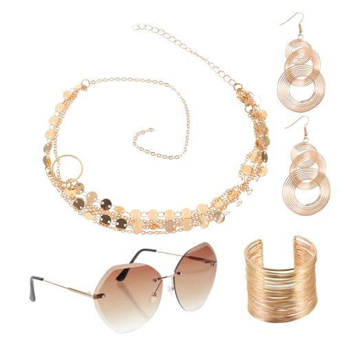 DEARMAMY Rimless Sonnenbrillen Damen Party mit Triple Swirl Ohrringen Metall Draht Spiralarmband Mehrlagiger Halskette Modischer Hippie Modeschmuck für Disco Themen und Geburtstagsfeiern von DEARMAMY