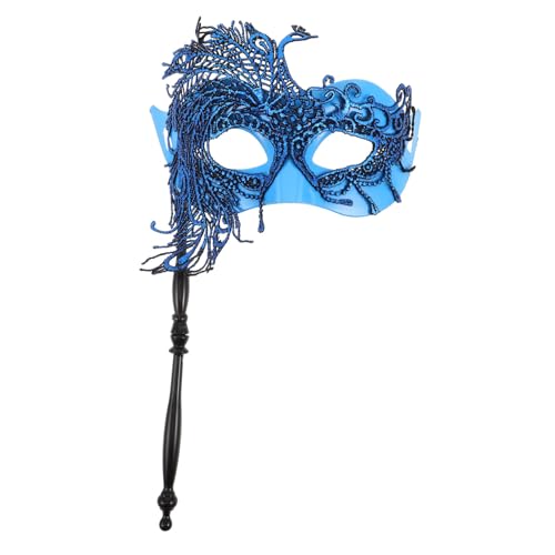 DEARMAMY Venezianische Handheld Masquerade Maske mit Stab Halbgesichts Stabmaske für Damen und Herren Universelle und Halloween Performance Requisite Großes Pfauenblau von DEARMAMY