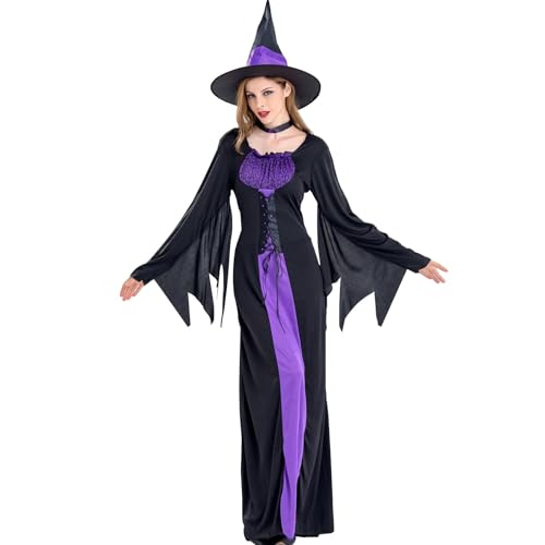 DECEED 3-teiliges Halloween-Hexenkostüm-Set, lila, langes Kleid mit böser Hexenhut und Halsband, Zauberin Kostüm für Damen, Schwarz/Violett, XL DECEED 3-teiliges Halloween-Hexenkostüm-Set, lila, langes Kleid mit böser Hexenhut und Halsband, Zauberin Kostüm für Damen, Schwarz/Violett, XL von DECEED