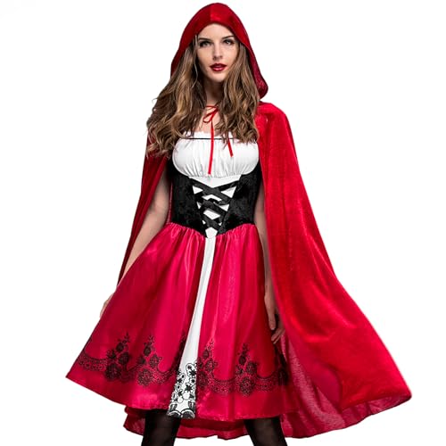 DECEED Rotkäppchen-Kostüm für Damen, Kleid mit Umhang, Weihnachten, Halloween, Cosplay, Partys, Rollenspiele, Erwachsene, 2 Stück, Rot, Weiß und Schwarz, XXL DECEED Rotkäppchen-Kostüm für Damen, Kleid mit Umhang, Weihnachten, Halloween, Cosplay, Partys, Rollenspiele, Erwachsene, 2 Stück, Rot, Weiß und Schwarz, XXL von DECEED