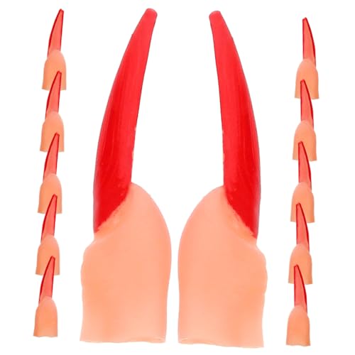 DECHOUS 20 Stück Teiliges Halloween Hexen Finger Plastik Fake Nails mit Roten Spitzen Realistische Künstliche Fingertipps für Gruselige Partys Zombie Cosplay und Zaubertrick Zubehör von DECHOUS