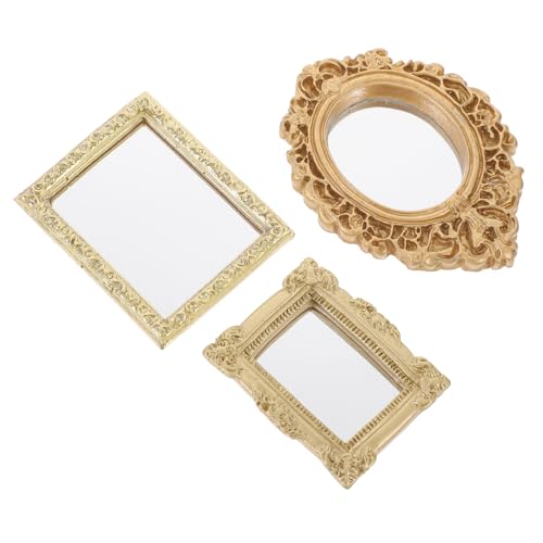 DECHOUS 3 Teiliger Puppenhausspiegel Retro Europäischer Rahmenspiegel Mini Ornament Miniatur Bastelsets Dekoration Geprägte Spiegel Miniaturen Puppenhausspiegel Goldener von DECHOUS