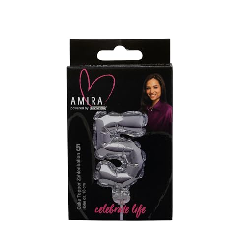 DECOCINO meets AMIRA - Zahlenballon No. 5 - perfekt für jeden JGA, Geburtstag, Hochzeit, silber, top für Kuchen und Torten, Caketopper von DECOCINO