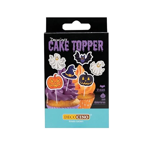 DECOCINO Cake Topper Halloween 12 Stück - Halloween Partys werden zur perfekten Feier, Fledermaus, Geist, Totenkopf, ideal für Mottopartys von DECOCINO