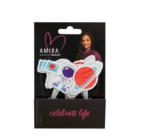DECOCINO meets AMIRA - Cake Topper Space 12-tlg - Astraonaut, Topping für Muffins, Torten, Kuchen, Kindergeburtstag, Party, Jungs, Planeten von DECOCINO