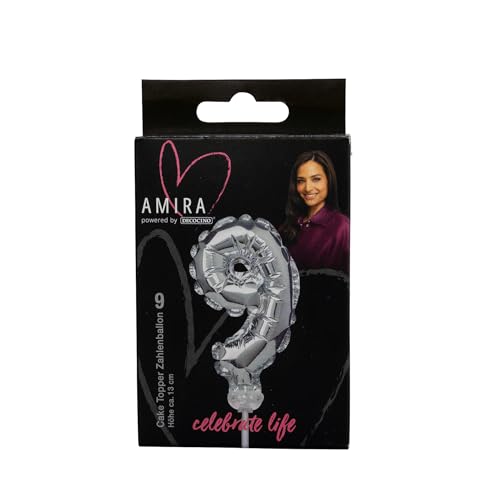 DECOCINO meets AMIRA - Zahlenballon No. 9 - perfekt für jeden JGA, Geburtstag, Hochzeit, silber, top für Kuchen und Torten, Caketopper von DECOCINO