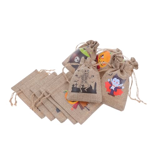 DECOMELODY 10 Stück Halloween Jutebeutel mit Kordelzug Kleine Sackleinen Süßigkeitentüten mit Gruseligen Halloween Drucken Wiederverwendbare Partybeutel für Süßigkeiten Geschenke und von DECOMELODY