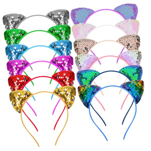 DECOMELODY 12 Stück Teiliges Katzenohren Haarreif mit Glitzernden Pailletten Elastisches und Langlebiges Haarband Bunte Katzenohren Stirnbänder für Damen Party Halloween und Alltag von DECOMELODY