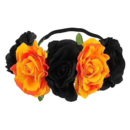 DECOMELODY Elastisches Rosenblumen Haarband Schwarz Orange Charmanter Kopfschmuck für Halloween Cosplay Party Weihnachten Bequemer Langlebiger Damen Haarschmuck für Festliche Anlässe von DECOMELODY