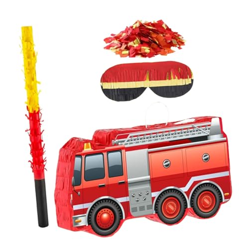 DECOMELODY Feuerwehrwagen Piñata mit Augenbinde und Konfetti Jungen Geburtstag Partydeko Feuerwehr Themenparty Zubehör für Shower Spielspaß von DECOMELODY