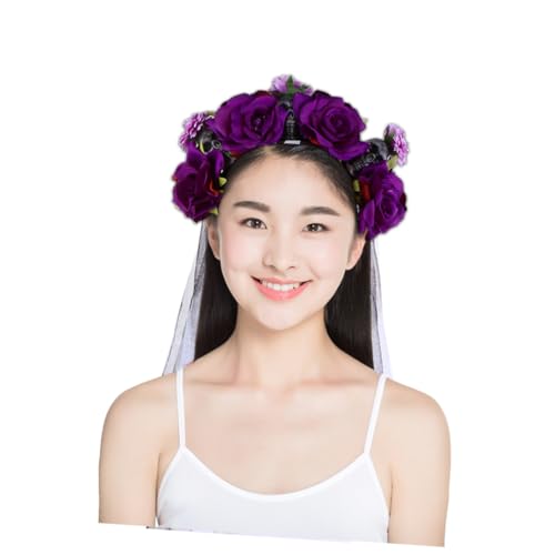 DECOMELODY Halloween Schädel Haarband mit violetten Rosen Leichtes Angenehmes Stirnband für Damen und passender Haarschmuck für Tag der Toten Halloween Kostüm Party und Cosplay von DECOMELODY