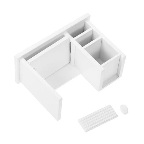DECOMELODY Puppenhaus Computer Schreibtisch Miniatur Holz Möbelset mit und Tastatur Realistisches Büromöbel für Puppenhaus Langlebig und Detailgetreu für Sammler von DECOMELODY
