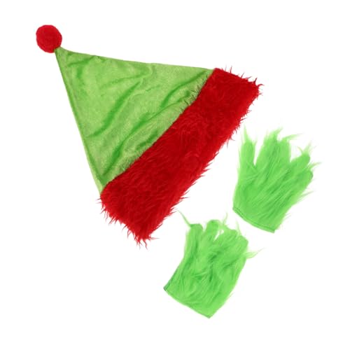 DECOMELODY Weihnachtsmütze und Grüne Flauschige Monsterhandschuhe Set Wiederverwendbar Pflegeleicht Auffälliges Kostümzubehör für Halloween und Weihnachtsfeiern Geeignet für Erwachsene von DECOMELODY