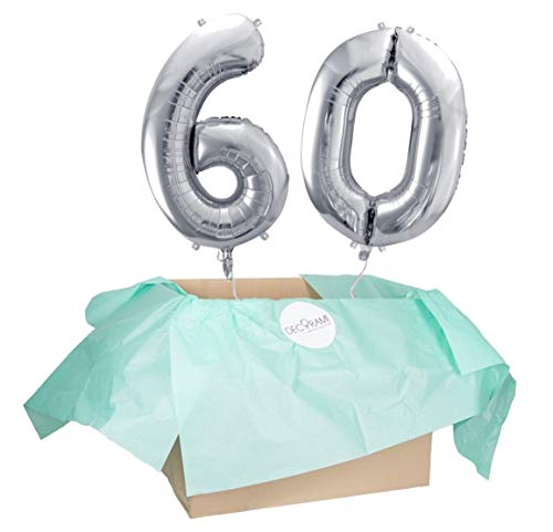 DECORAMI - celebrate happy times XXL Zahlen Luftballon 60, Silber, Zahlenballon mit Helium gefüllt, 86cm, Heliumballons im Karton zum Geburtstag und Jubiläum von DECORAMI - celebrate happy times