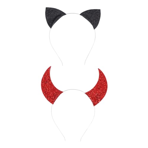 DECORNIJIA 2 Stück Haarreifen Teilig Party Haarreifen mit Teufelshörnern und Katzenohren Langlebiges Material Bequem Geeignet für Karneval und Festdekoration Stabile Form Detailreiche von DECORNIJIA