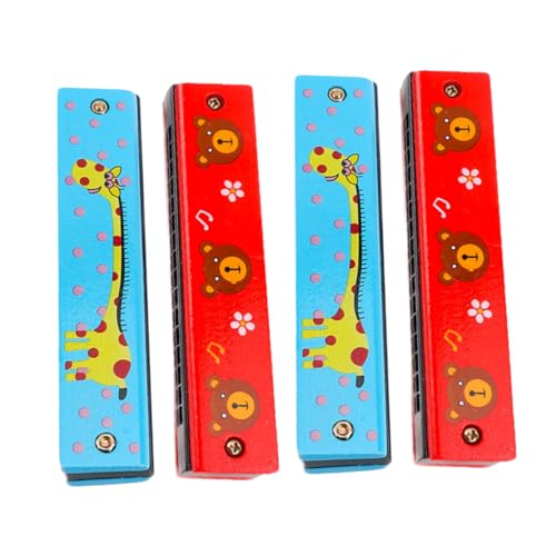 DECORNIJIA 4 Stück Holz mundharmonika Doppelte Reihe Kinderfreundliches Blasinstrument Langlebiges Bunte Cartoon Designs für Junge Mädchen und Anfänger Zufällige Farbe Zufällige Farbe von DECORNIJIA