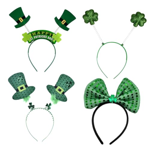 DECORNIJIA 4 Stück Teiliges Patricks Day Haarreif Set Grüne Party Haarbänder mit Kleeblatt Glitzerndem Minihut und Schleife Bequemes Kostümzubehör für Karneval Fest und Bühnenauftritt von DECORNIJIA