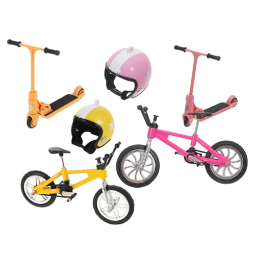 DECORNIJIA 6 Stück Teiliges Miniatur Dollhouse Fahrrad und Scooter Set Detailgetreue Outdoor Szene Langlebige Kunststoffmodelle Inklusive Gelbe und Pinke Mini Finger Bikes Dekoration von DECORNIJIA