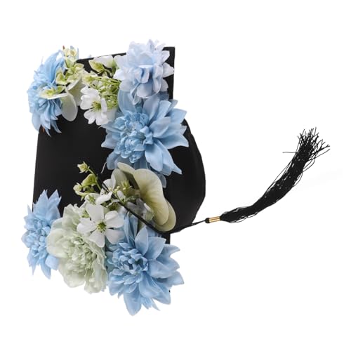 DECORNIJIA Blauer Abschlussmütze mit Blumenmotiv Erwachsenengröße Klassischer Quadratischer Abschluss Hut mit Verstellbarer Quaste für Abschlussfeiern und Erinnerungsfotos von DECORNIJIA