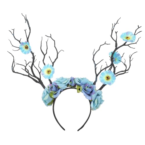 DECORNIJIA Blauer Rosen haarreif mit Hirschgeweih und Blumen Dekoratives Festival stirnband für Party Langlebiges Einzigartiges Party haarschmuck für Karneval und Feier von DECORNIJIA