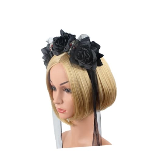 DECORNIJIA Halloween Haarreifen mit Simulierten Blumen und Totenkopf Halloween Haarschmuck Accessoire für Schwarzer Schädel Haarreif für Party Karneval Verkleidung und Kostüm von DECORNIJIA