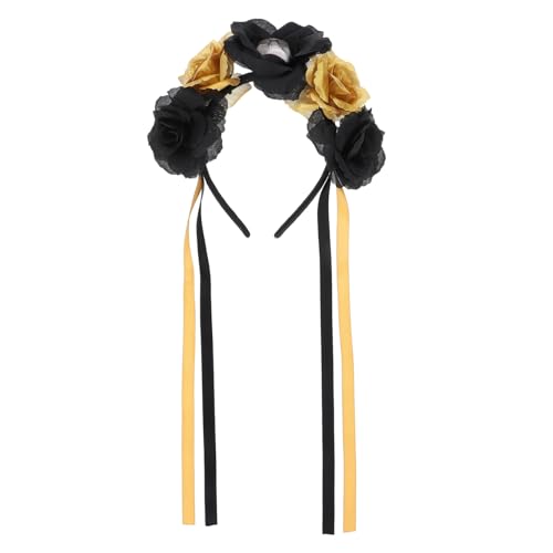 DECORNIJIA Halloween Haarschmuck Skull Haarreif mit Goldenen Rosen Party Stirnband für Damen Day Of The Dead Kostüm Zubehör Originelles Halloween Party Headband Festliches Totenkopf Headwear von DECORNIJIA