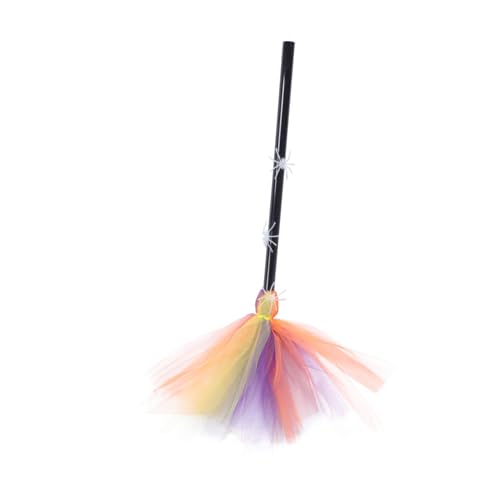 DECORNIJIA Halloween Hexenbesen Dekoration mit Leuchtendem Spinnennetzstoff Bunter Zauberbesen als Party Deko für Drinnen und Draußen Halloween Cosplay Besen zur Stimmungsvollen von DECORNIJIA