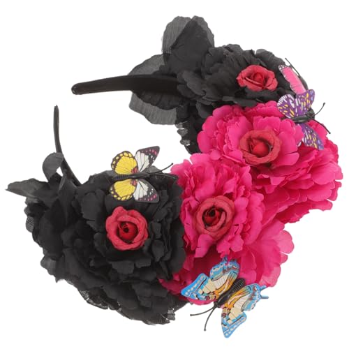 DECORNIJIA Modischer Halloween Haarreif mit Künstlicher Pfingstrose und Schmetterlingsdekor Rotschwarz Haarschmuck Damen für Party Kostüm und Festtagslook von DECORNIJIA
