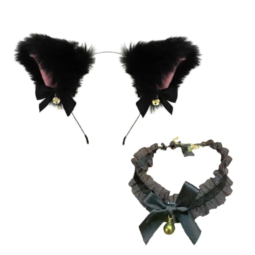 DECORNIJIA Niedriges Gewicht Weiches Plüsch Katzenohren Stirnband mit Schwarzer Schleife und Passendem Choker Kuscheliger Cosplay Haarschmuck für Mädchen Bequemes Langlebiges Accessoire für von DECORNIJIA