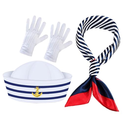 DECORNIJIA Sailor Kostüm Set mit Gestreifter Kapitänsmütze Leichtem Halstuch und Handschuhen Atmungsaktives Party Outfit für Sommer Fasching und Nautische Mottopartys von DECORNIJIA