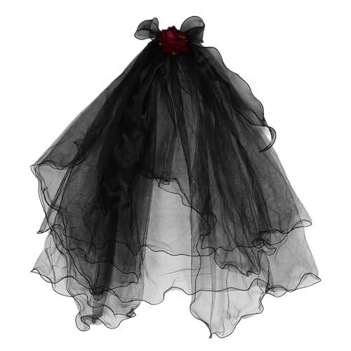 DECORNIJIA Schwarzes Gothic Brautschleier Haarreif mit Roten Rosen Handgefertigtes Halloween Kostüm Accessoire Leichter Kopfschmuck für Damen Hexen und Elfenparty Mystischer von DECORNIJIA