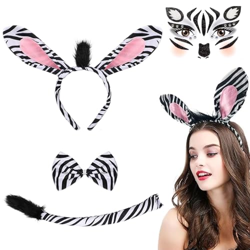 Zebra Kostüm Damen - Vier Teile Zebra Zubehör Set Inklusive Zebra Stirnband, Zebra Fliege, Zebra Schwanz & Zebra Gesicht Aufkleber,Tierverkleidung, Party-Dekoration, Zubehör, Karneval, Halloween Zebra Kostüm Damen - Vier Teile Zebra Zubehör Set Inklusive Zebra Stirnband, Zebra Fliege, Zebra Schwanz & Zebra Gesicht Aufkleber,Tierverkleidung, Party-Dekoration, Zubehör, Karneval, Halloween von DECUIOCC