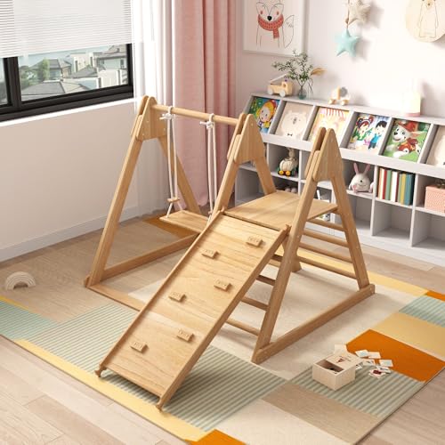 DEECOZY 3-in-1 Holzspielplatz für Kinder mit Schaukel, Rutsche und Klettergerüst – Indoor Kletterturm aus Massivholz & Sperrholz mit Leiter, Plattform, Kletterwand und Kinderschaukel ab 3 Jahren von DEECOZY