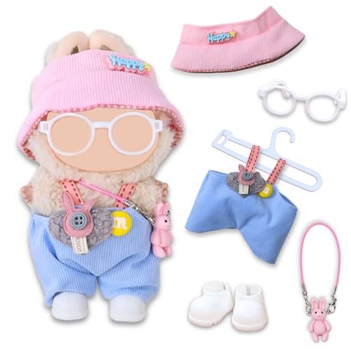 17 cm Puppenkleidung – Kawaii-Chic-Stil Set für 17 cm große Puppen, süßes Puppen-Outfit mit Zubehör, Latzhose + rosa und weiß karierte Sonnenblende + Kaninchentasche + weiße Schuhe + weiße Brille + von DEEMEIS