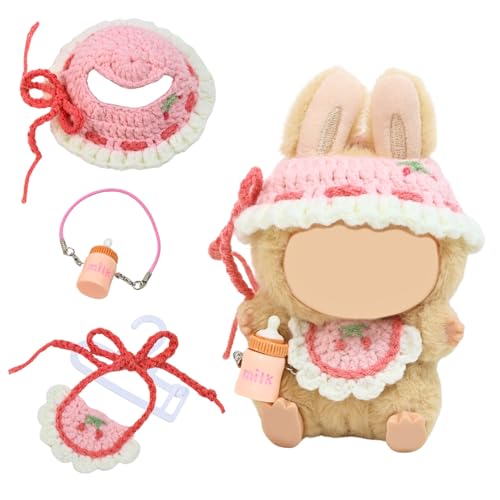 4 Stück 17 cm Kleidung für Labubu, rosa Puppenzubehör mit 1 Wollmütze, 1 Wolllätzchen, 1 Flaschen-Kuriertasche, 1 Kleiderbügel für Mädchen und Kindergeburtstage (ohne Puppe) von DEEMEIS