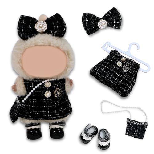 5 Stück 17 cm Kleidung kompatibel mit Puppe, schwarzes Puppenzubehör mit 1 Kleid, 1 Tasche, 1 Haarclip mit Schleife, 1 Lederschuhe, 1 Aufhänger für Mädchen und Kindergeburtstage (keine Puppe) von DEEMEIS