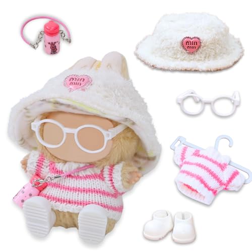 6-teiliges Puppenkleidungs-Set für Puppenzubehör, 17 cm, keine Puppe, 1 Hut + 1 Flasche + 1 Pullover + 1 Brille + 1 Schuhe + 1 Kleiderbügel, niedliche Plüschkleidung für 17 cm große Puppen Jungen und von DEEMEIS