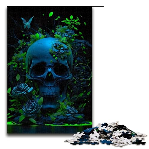 Blauer Totenkopf grüne Blumen Puzzle für Erwachsene Holzpuzzle anspruchsvolles Denkspiel für Teenager unterhaltsames interaktives Spiel für die ganze Familie 1000 Teile (75 x 50 cm) von DEEPPAPEU