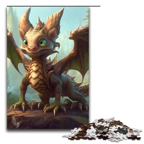 Grünes Drachenbaby Puzzleteile für Erwachsene DIY-Kunstdekor 1000 Teile (75 x 50 cm) von DEEPPAPEU